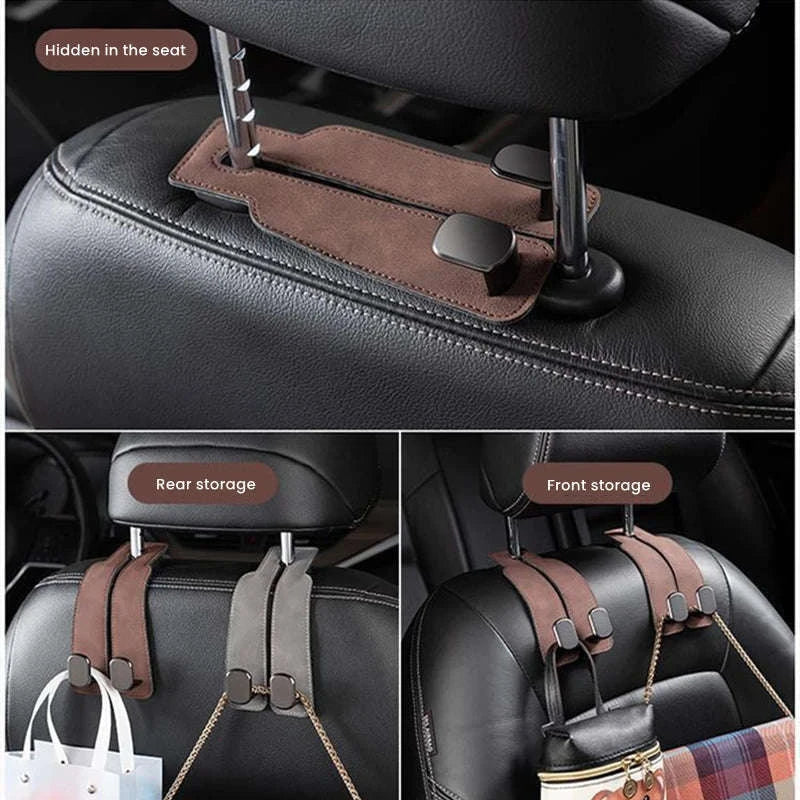 2-in-1 Car Headrest Hook with Premium Leather Design-Black