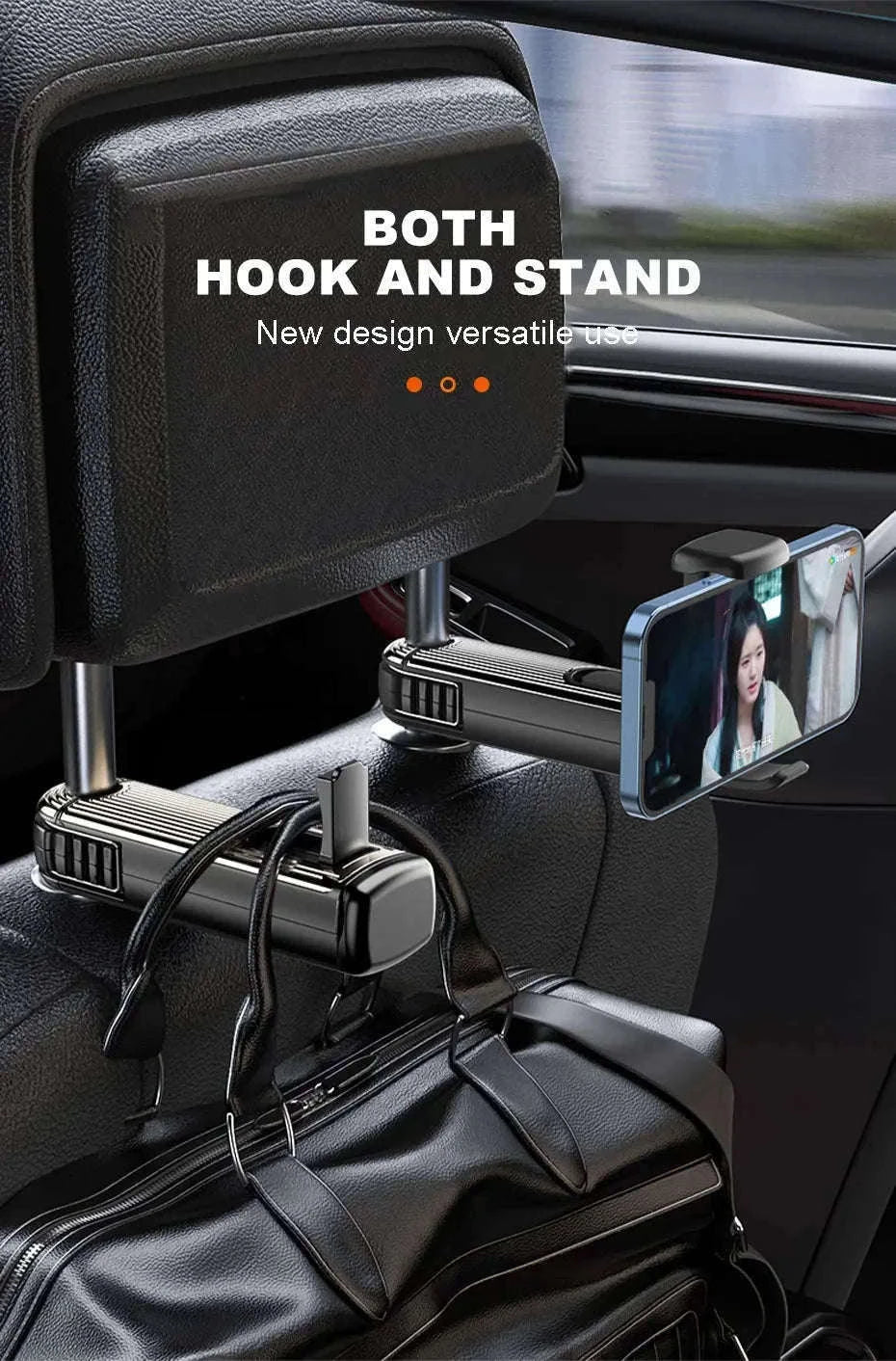 2 in 1 Car Seat Back Hook with Phone Holder-Black