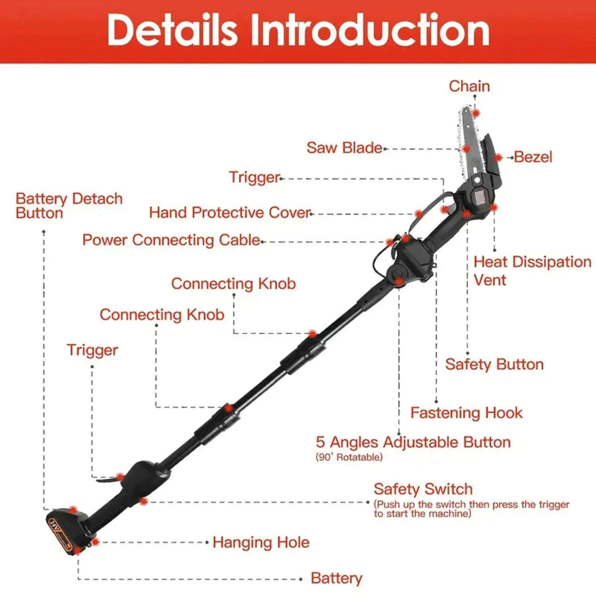 2-in-1 Cordless Pole Chainsaw with 2.25m Reach-2 pcs batteries / EU / france