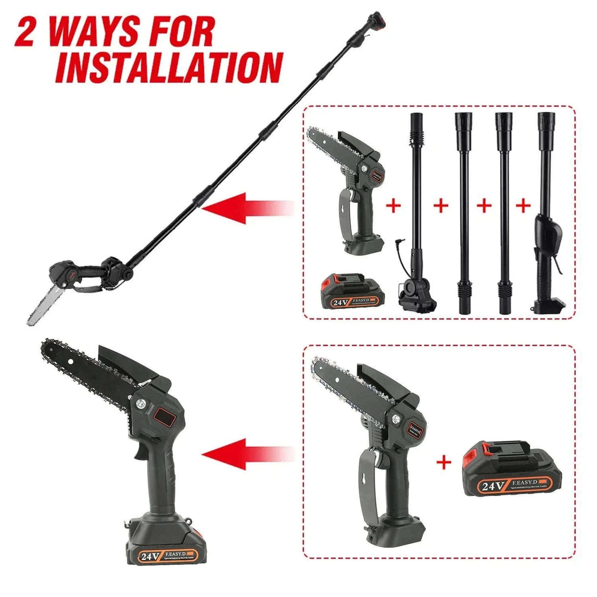 2-in-1 Cordless Pole Chainsaw with 2.25m Reach-2 pcs batteries / EU / france