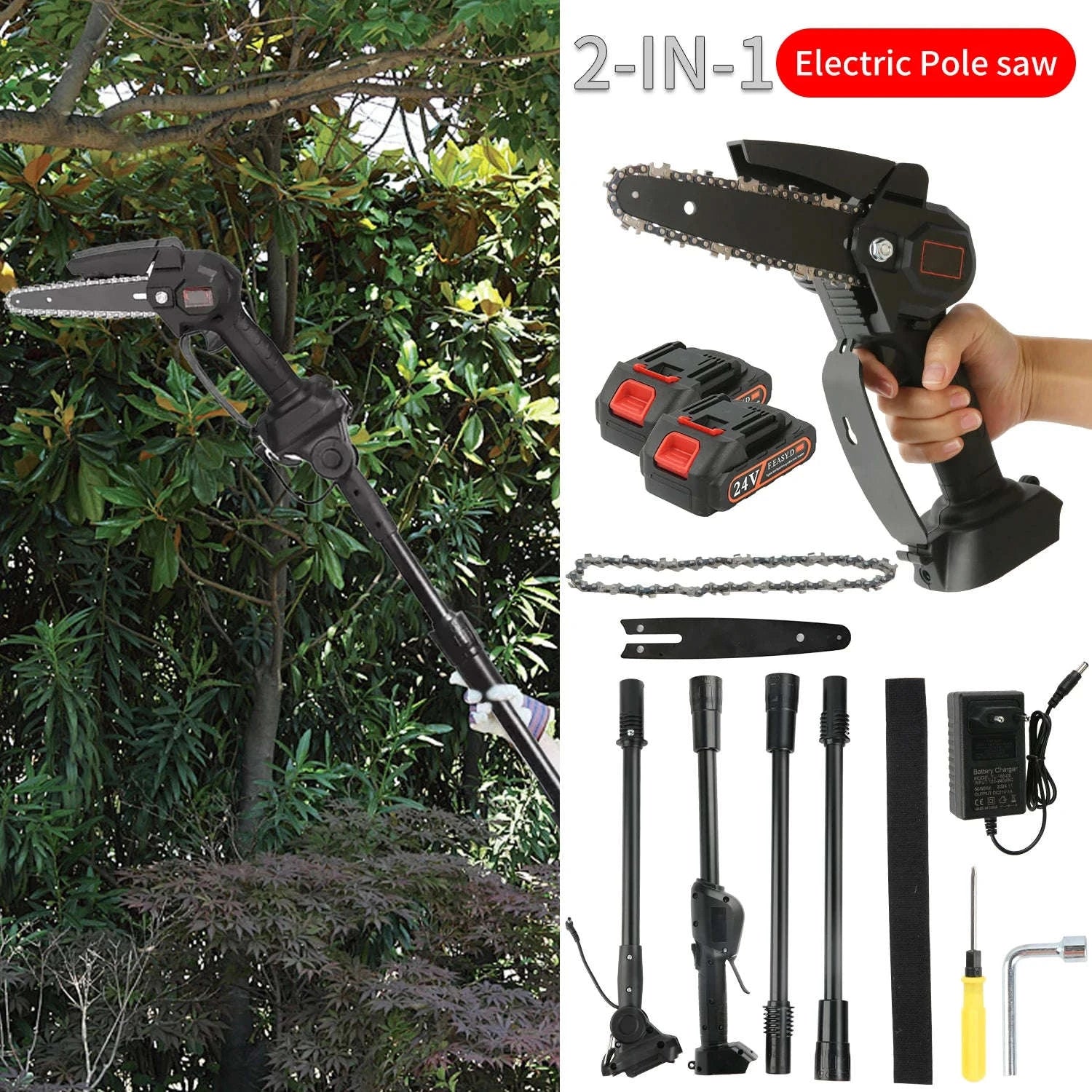 2-in-1 Cordless Pole Chainsaw with 2.25m Reach for Tree Pruning-2 pcs batteries / EU / france