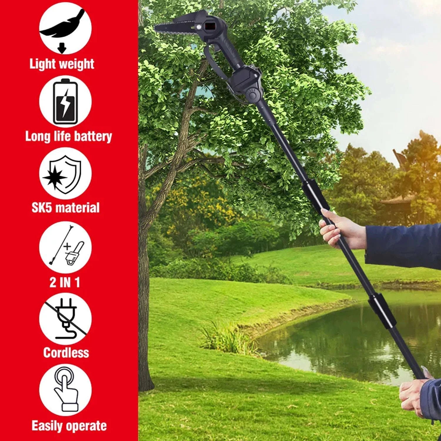 2-in-1 Cordless Pole Chainsaw with 2.25m Reach for Tree Pruning-2 pcs batteries / EU / france