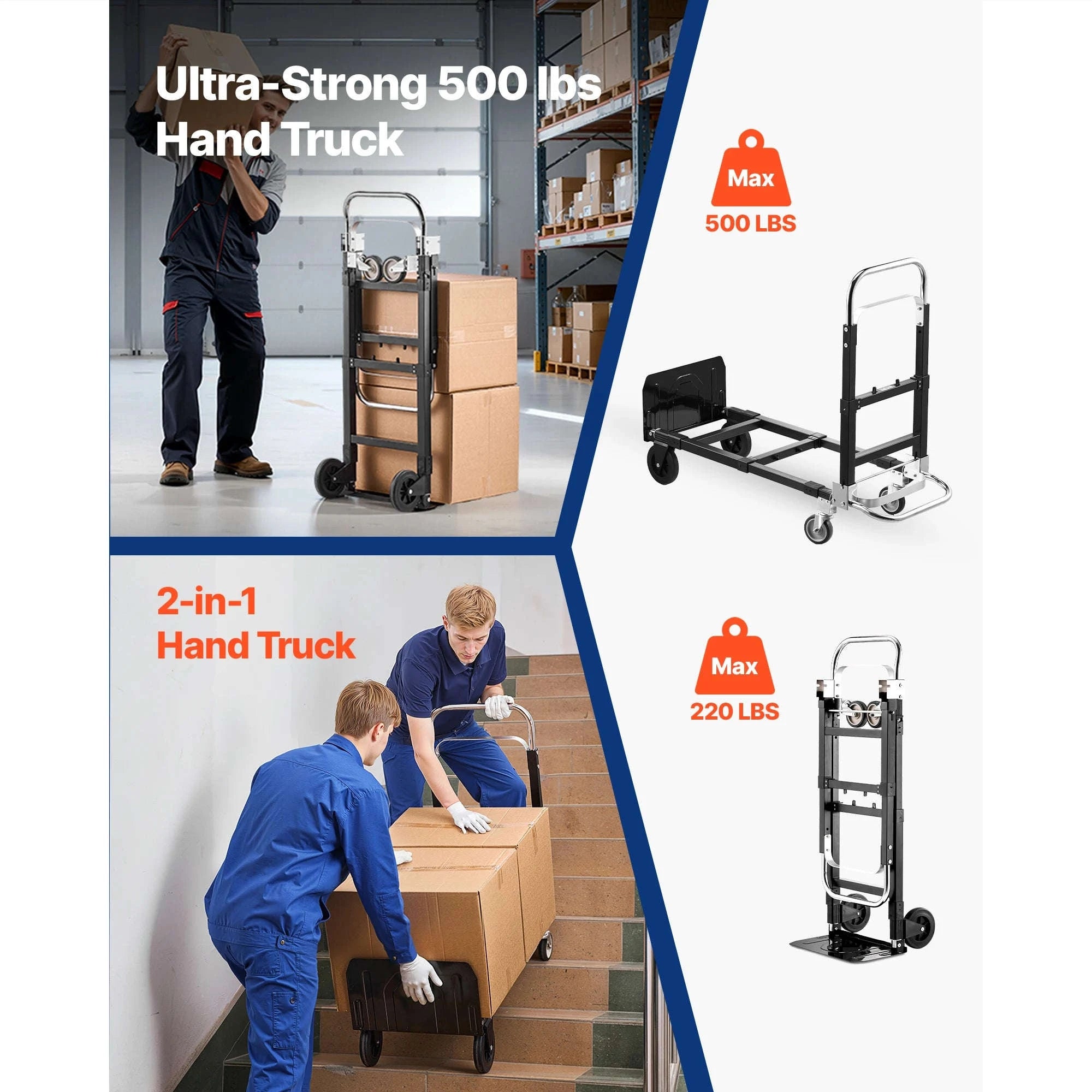 2-in-1 Folding Hand Truck 500 lb Capacity-500lbs / Canada