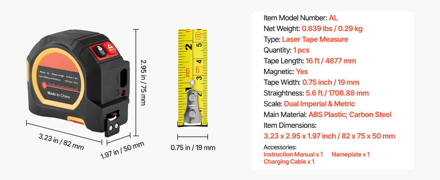 2-in-1 Laser Tape Measure 135ft + 16ft Rechargeable Tool-131ft / United States
