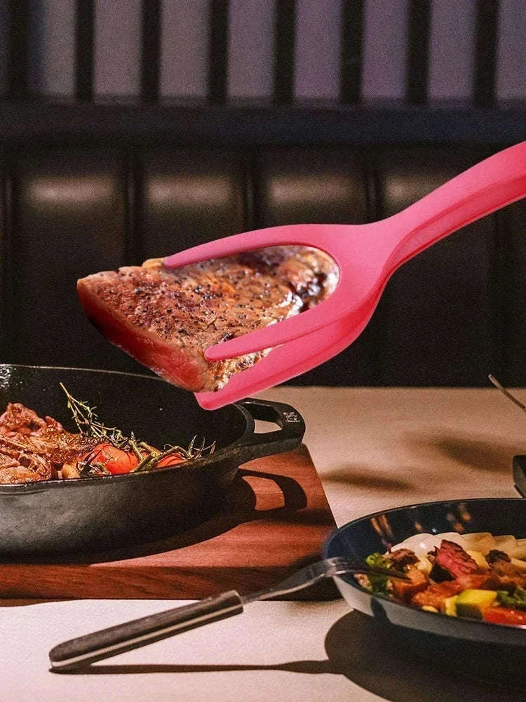 2 in 1 Nylon Grip Flip Tongs with Spatula-red