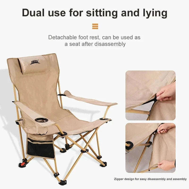 2-in-1 Reclining Camping Chair with Adjustable Backrest and Footrest-Khaki