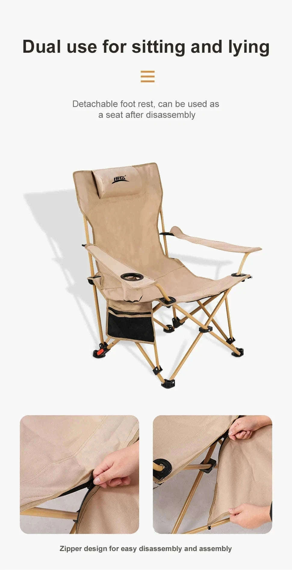 2-in-1 Reclining Camping Chair with Adjustable Backrest and Footrest-Khaki