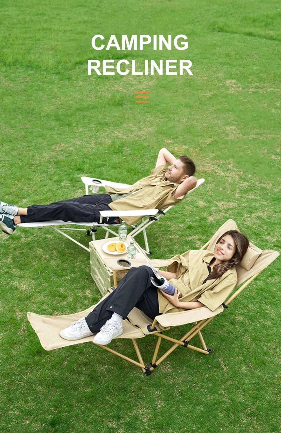 2-in-1 Reclining Camping Chair with Adjustable Backrest and Footrest-Khaki