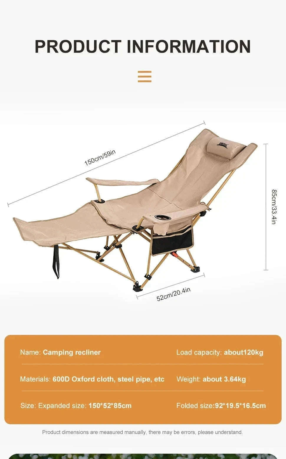2-in-1 Reclining Camping Chair with Footrest and Storage-Khaki
