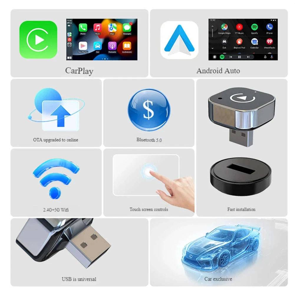 2 in 1 Wireless CarPlay Android Auto Adapter USB Dongle-france