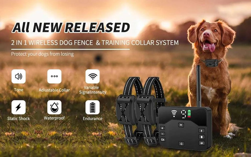 2-in-1 Wireless Dog Fence & Training Collar with Remote Control-For 3 Dogs