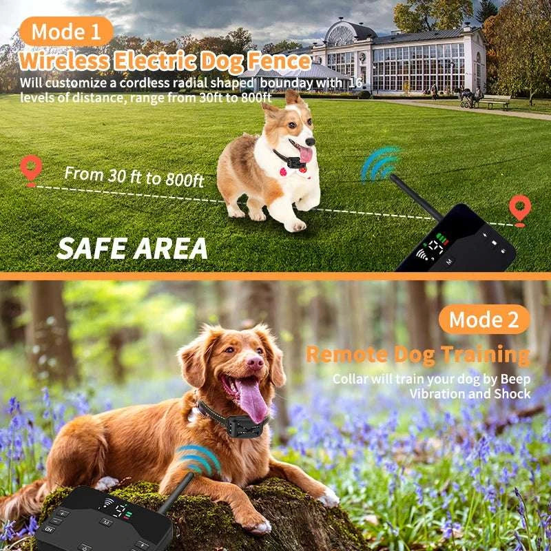 2-in-1 Wireless Dog Fence & Training Collar with Remote Control-For 3 Dogs
