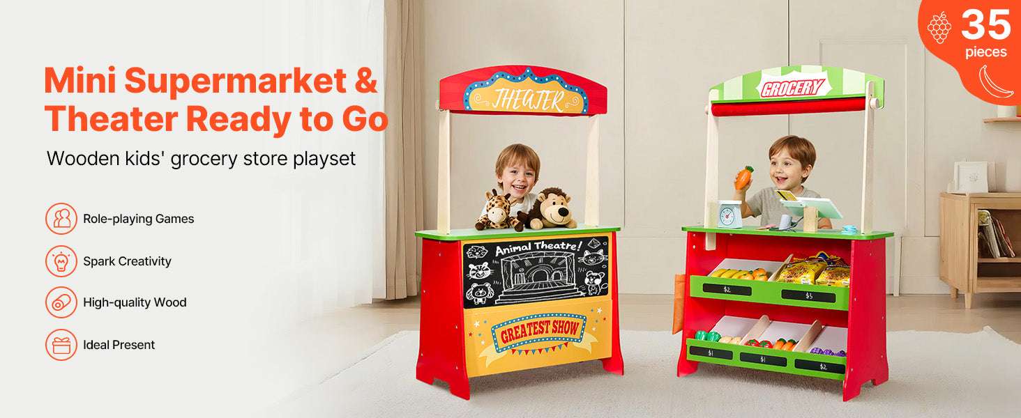 2-in-1 Wooden Kids Grocery Store & Puppet Theater Playset-1Set / spain