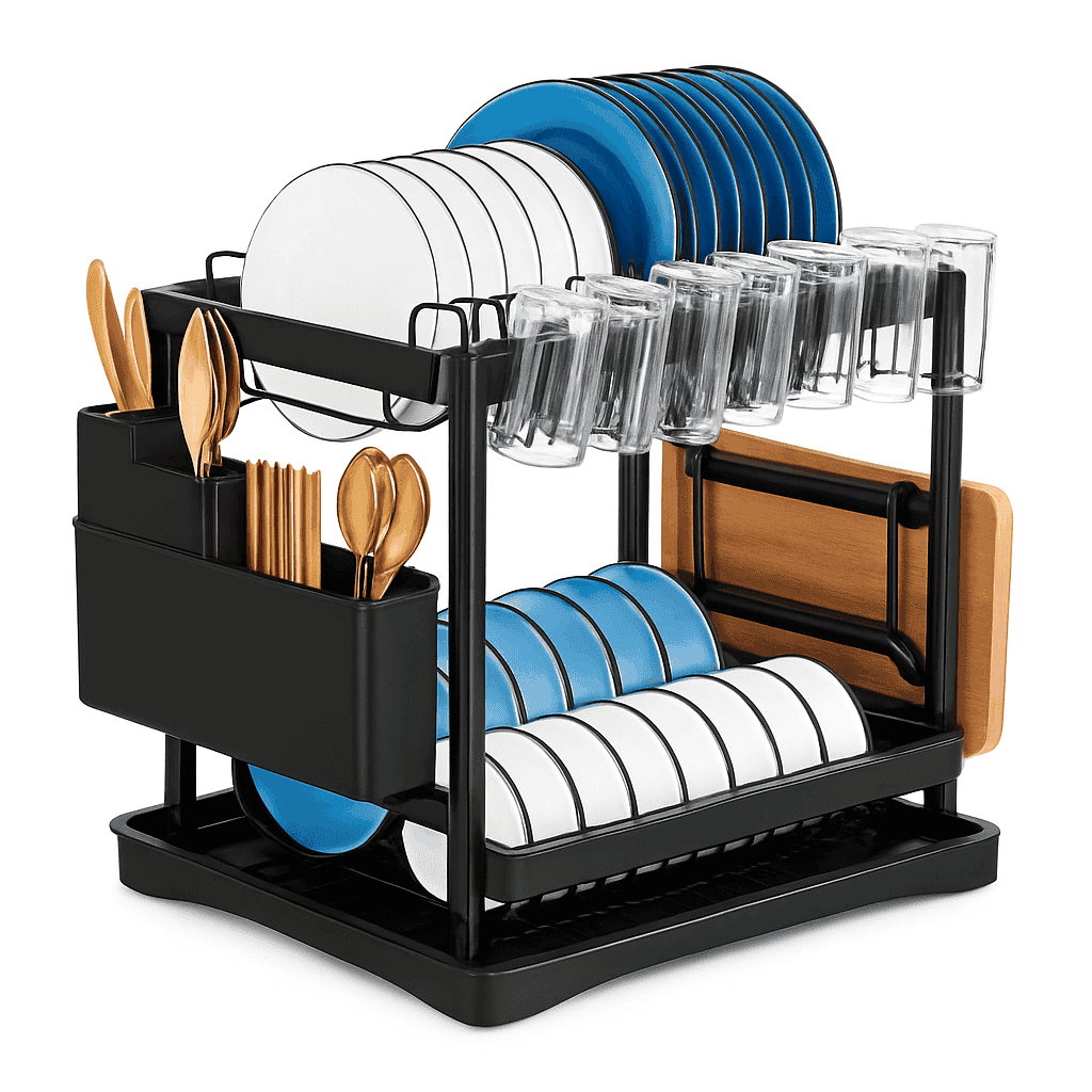 2-Layer Space Saving Dish Drying Rack with Drainboard-black / spain / 2-tier