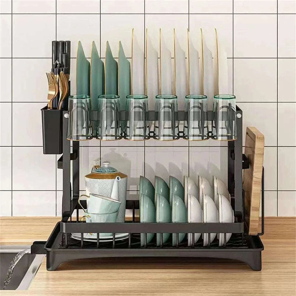 2-Layer Space Saving Dish Drying Rack with Drainboard-black / spain / 2-tier