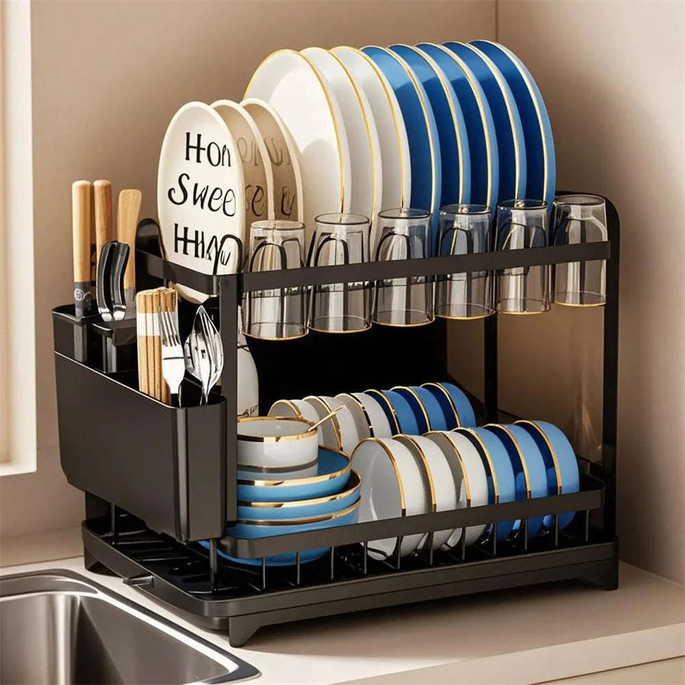 2-Layer Space Saving Dish Drying Rack with Drainboard-black / spain / 2-tier