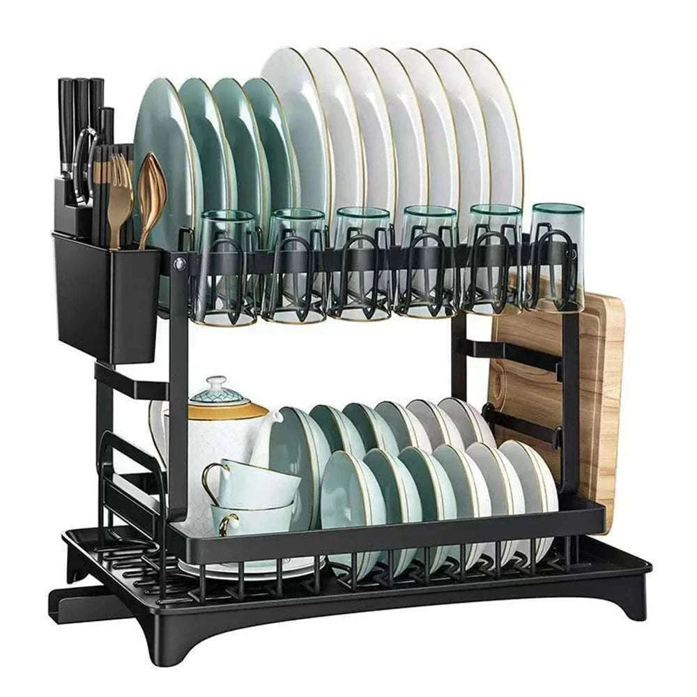 2-Layer Space Saving Dish Drying Rack with Drainboard-black / spain / 2-tier