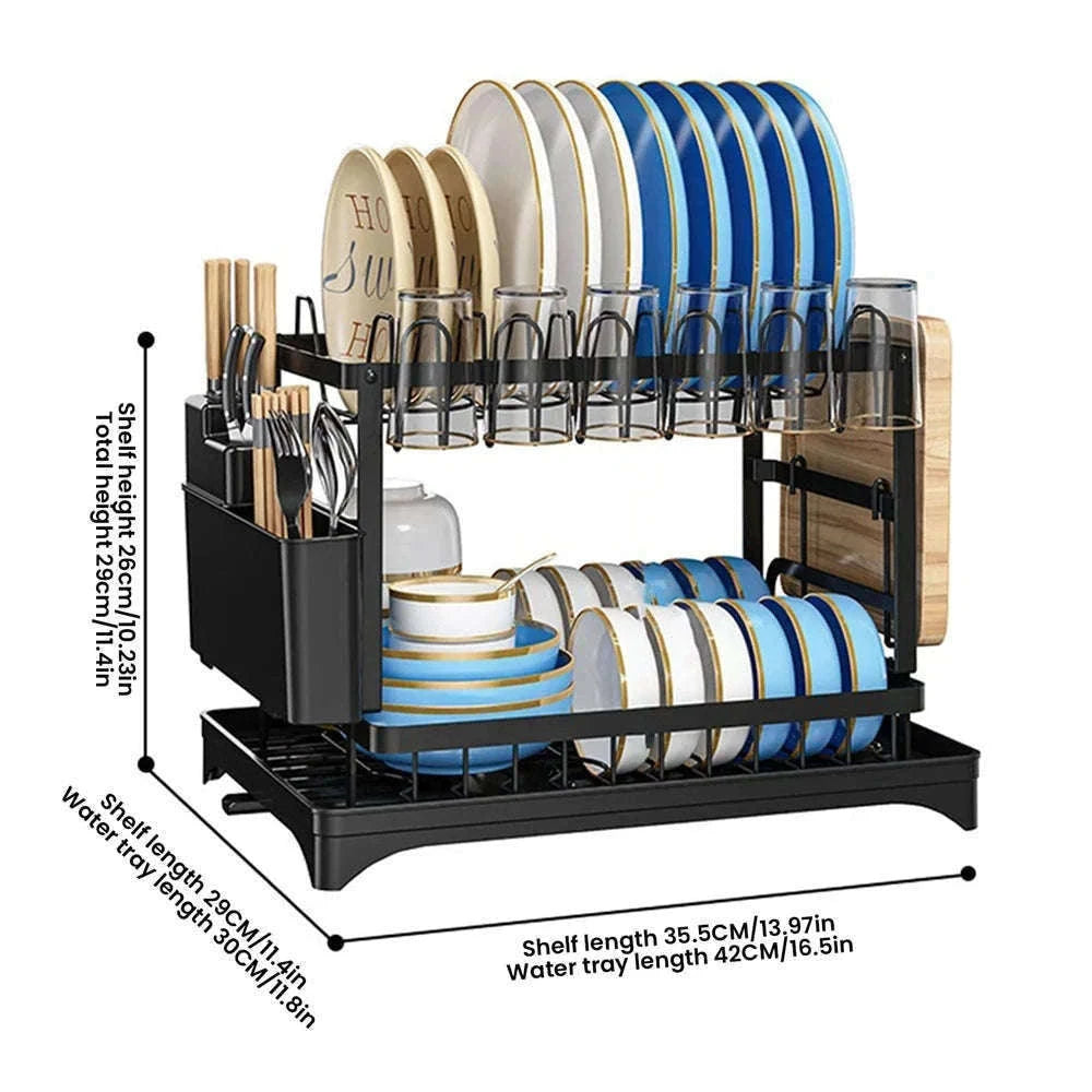2-Layer Space Saving Dish Drying Rack with Drainboard-black / spain / 2-tier