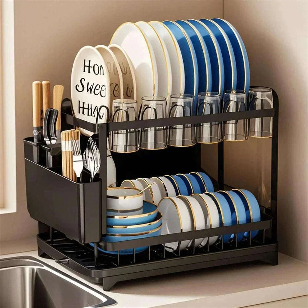 2-Layer Space Saving Dish Drying Rack with Drainboard-black / spain / 2-tier