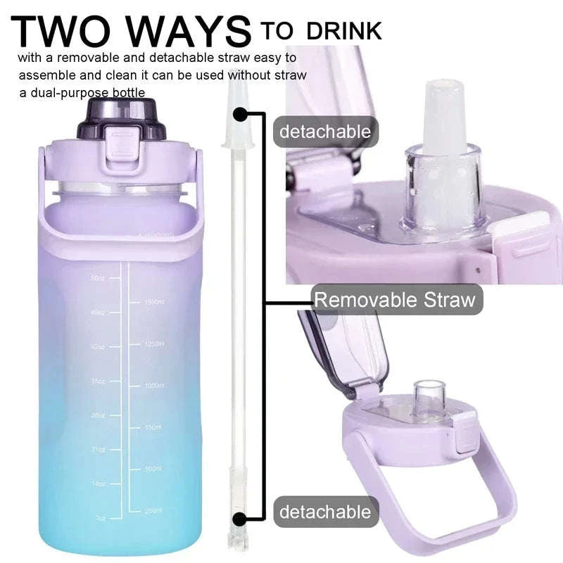 2 Liter Sports Water Bottle with Leak‑Proof Straw Lid-pink blue-3pcs / 2.0L