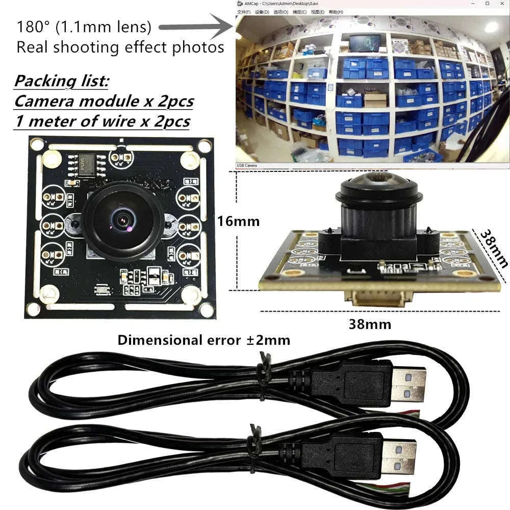 2-Pack 720P USB Camera Module with 180° View and 1m Cable-2PCS 2.1mm lens