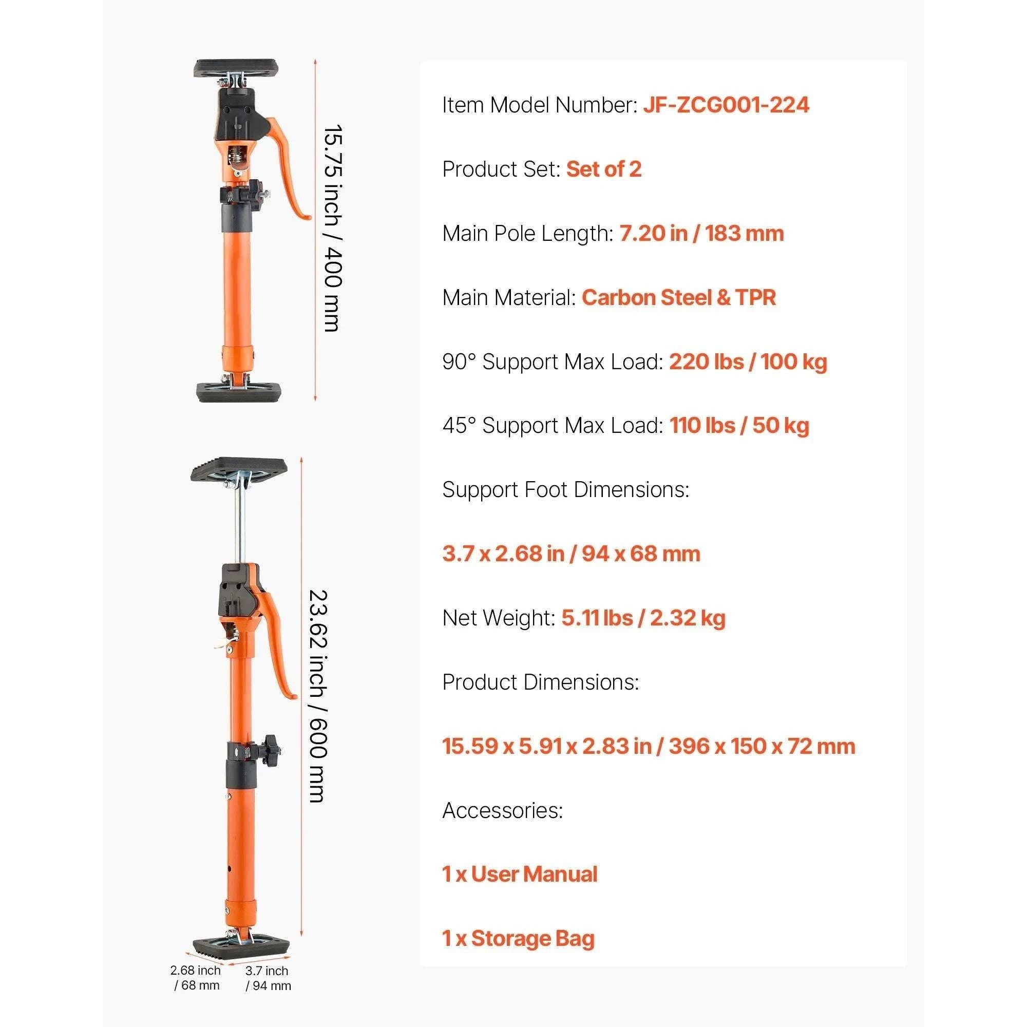 2-Pack Adjustable Support Poles 220 lbs Telescopic Cabinet Jack-15.7-23.62inch / United States