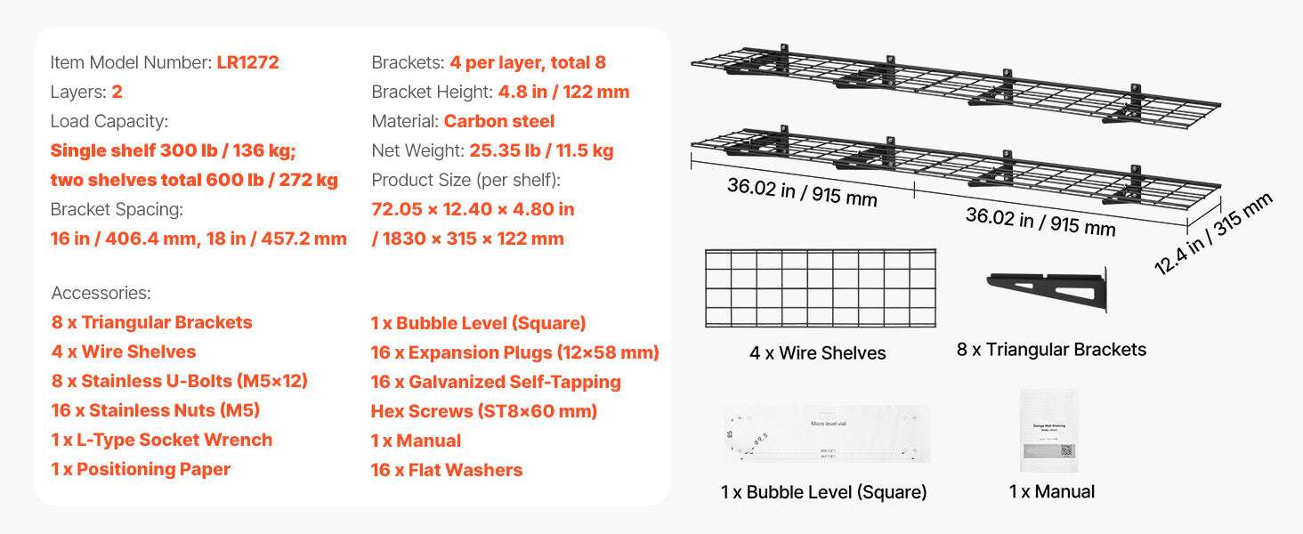 2-Pack Wall Mounted Garage Shelves 12x72 in Heavy Duty Steel 600 lbs Total-12x72inch / United States