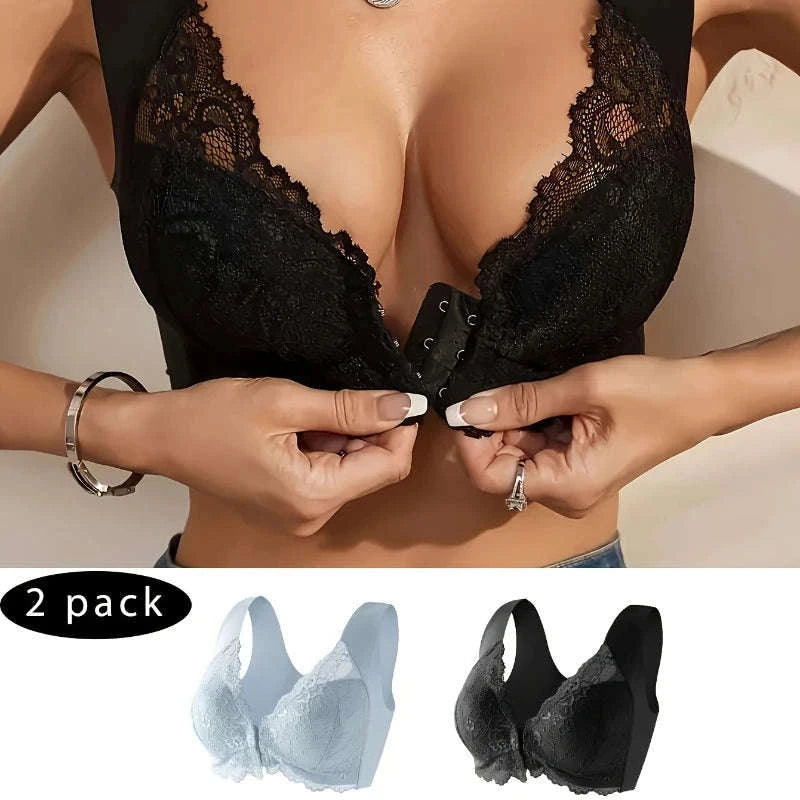 2 Pcs Women’s Front Close Wire-Free Lace Bra-Black And Red / M