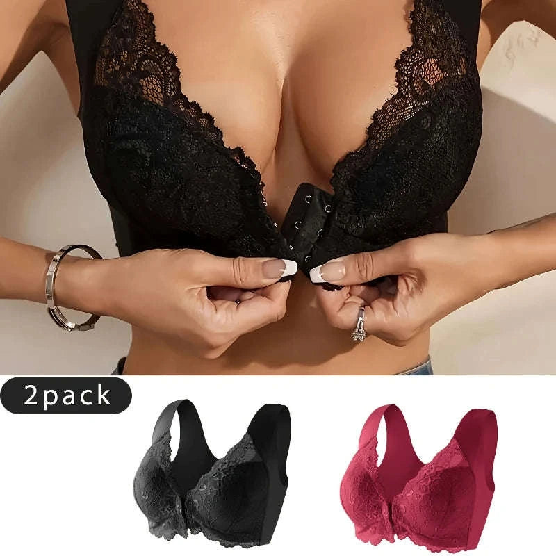 2 Pcs Women’s Front Close Wire-Free Lace Bra-Black And Red / M