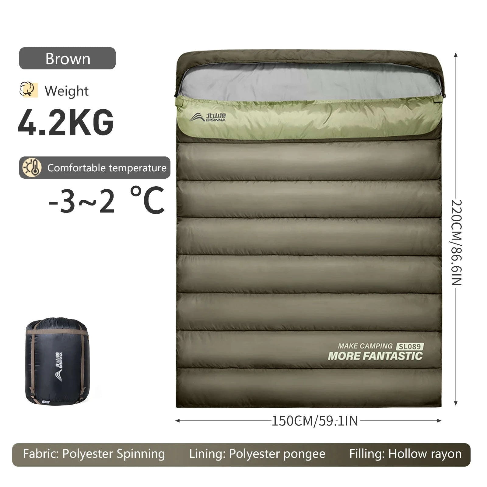 2 Person Sleeping Bag for Camping and Travel-Yellow 2.2kg