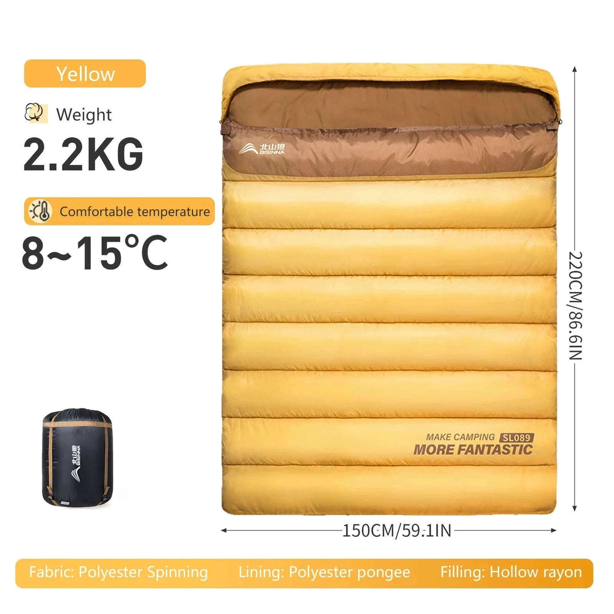 2 Person Sleeping Bag for Camping and Travel-Yellow 2.2kg