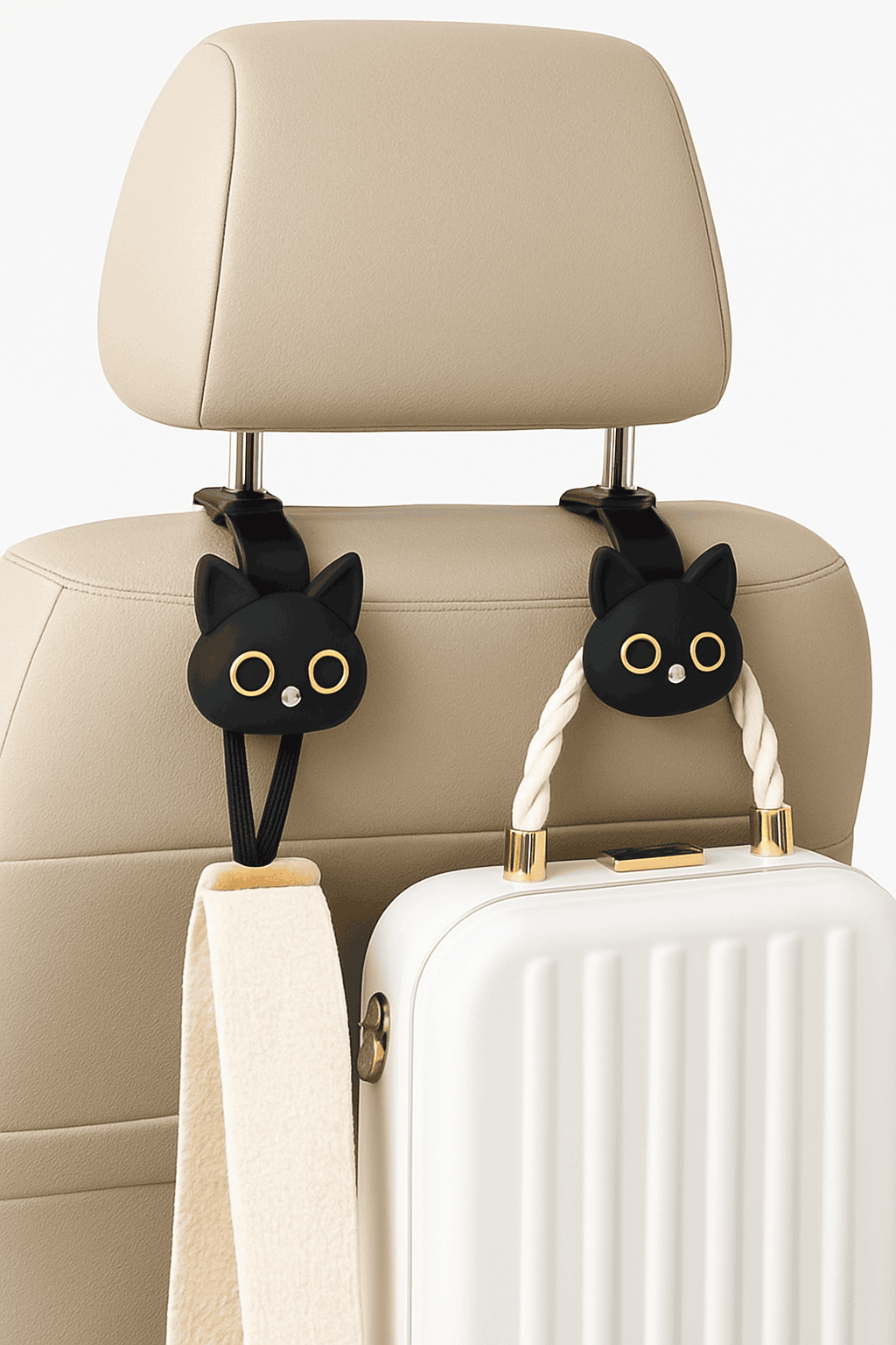 2-Piece 3D Cartoon Cat Car Seat Hooks for Tidy Rides-Black 2pcs