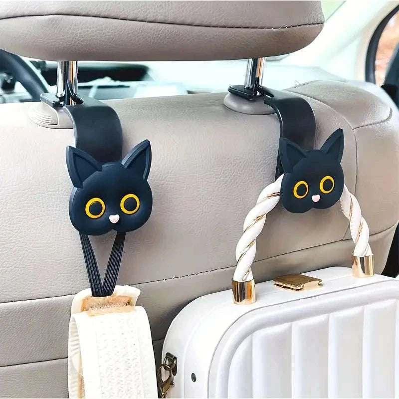 2-Piece Adorable 3D Cartoon Cat Car Seat Hooks-Black 2pcs