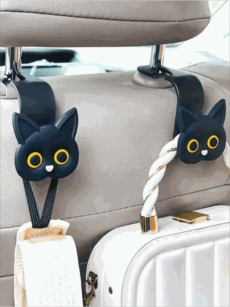 2-Piece Adorable 3D Cartoon Cat Car Seat Hooks-Black 2pcs