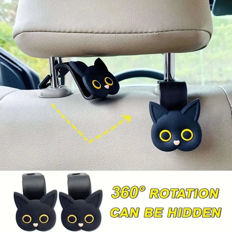 2-Piece Adorable 3D Cartoon Cat Car Seat Hooks-Black 2pcs