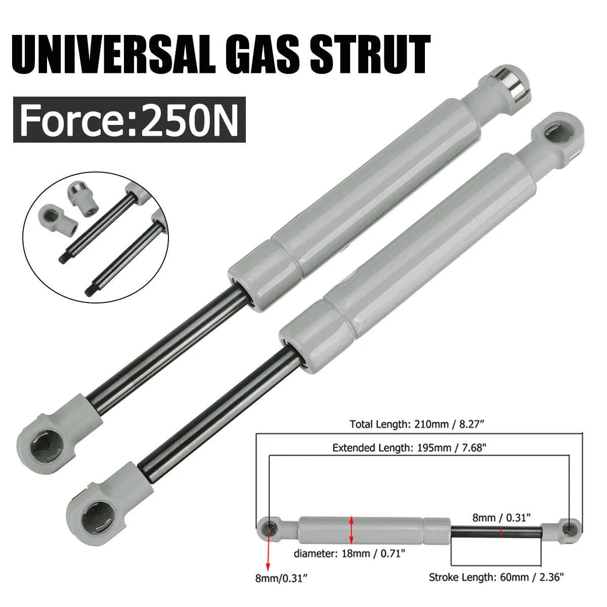 2-Piece Universal Gas Strut 195mm 250N/380N 8mm Rod-250N