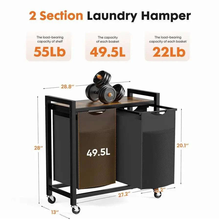2-Section Laundry Hamper with Removable Bags and Rolling Shelf-Bronze / United States