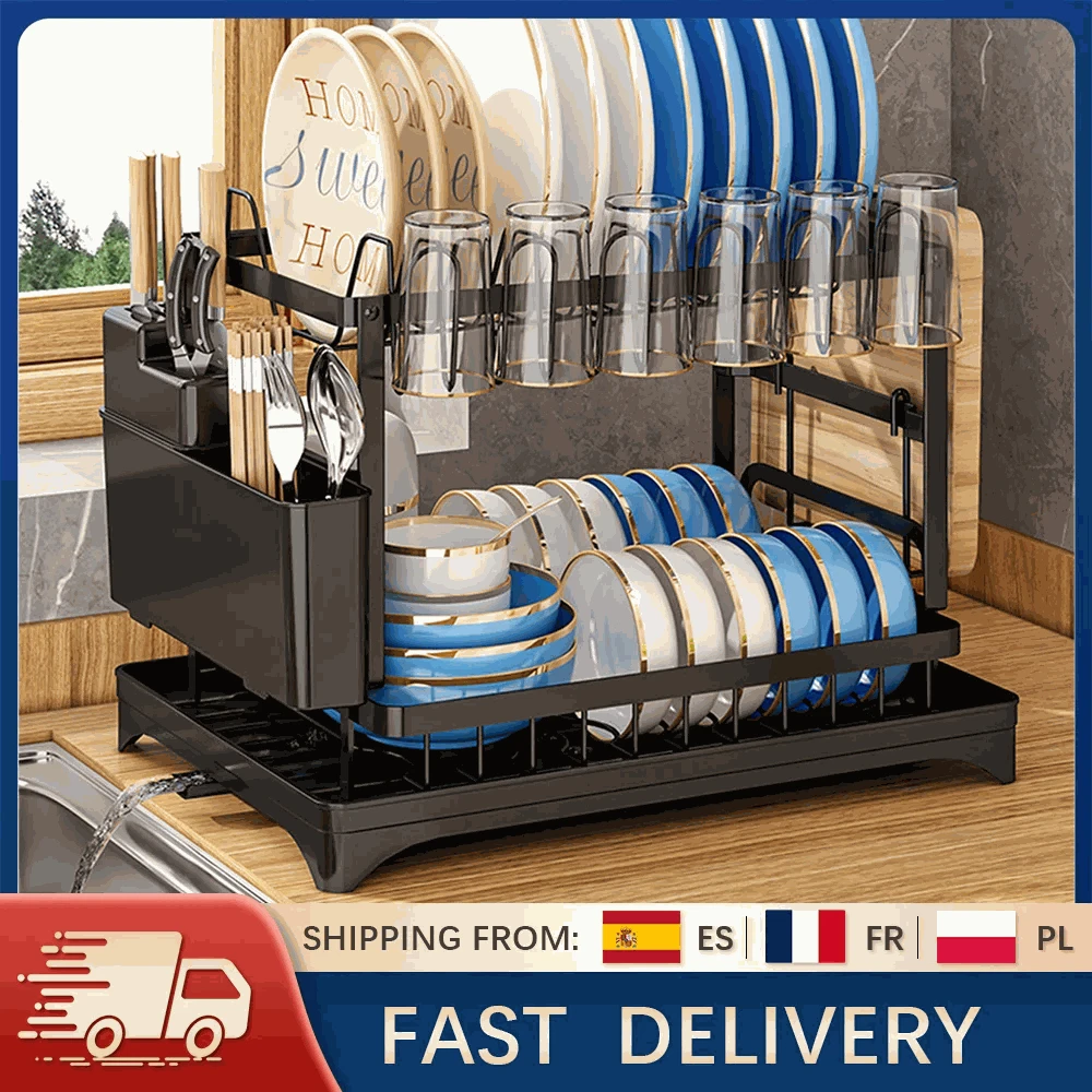 2-Tier Dish Drying Rack with Drainboard and Cutlery Holder-Type B / france / 2-tier