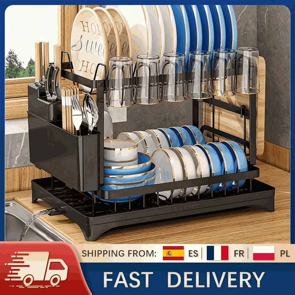 2-Tier Dish Drying Rack with Drainboard and Cutlery Holder-Type C / france / 2-tier