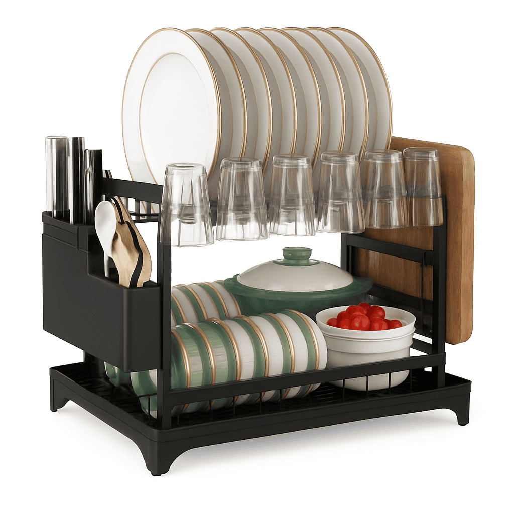 2-Tier Dish Drying Rack with Drainboard & Cutlery Holder-black / 42*30*29cm / france|2-tier