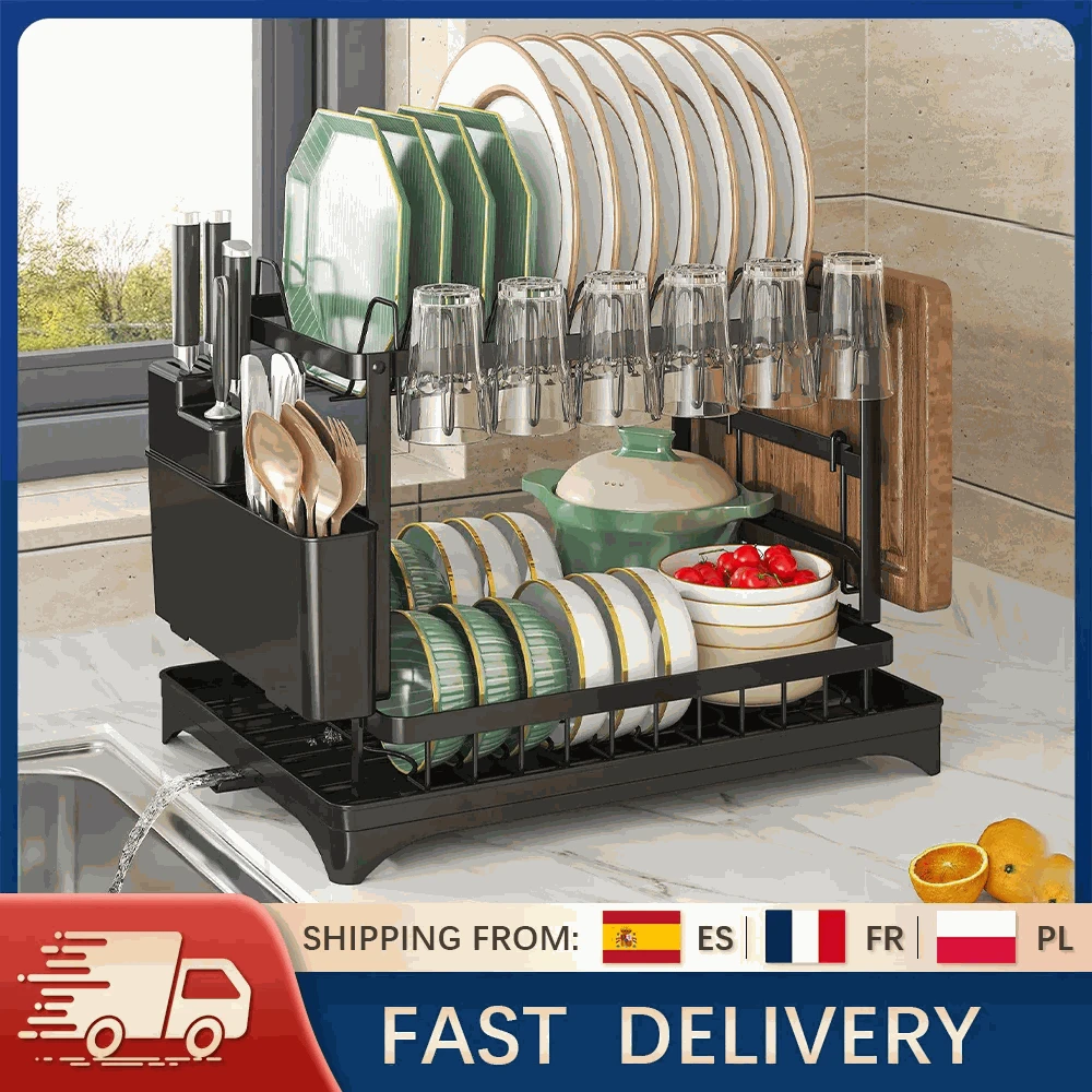 2-Tier Dish Drying Rack with Drainboard & Cutlery Holder-black / 42*30*29cm / france|2-tier