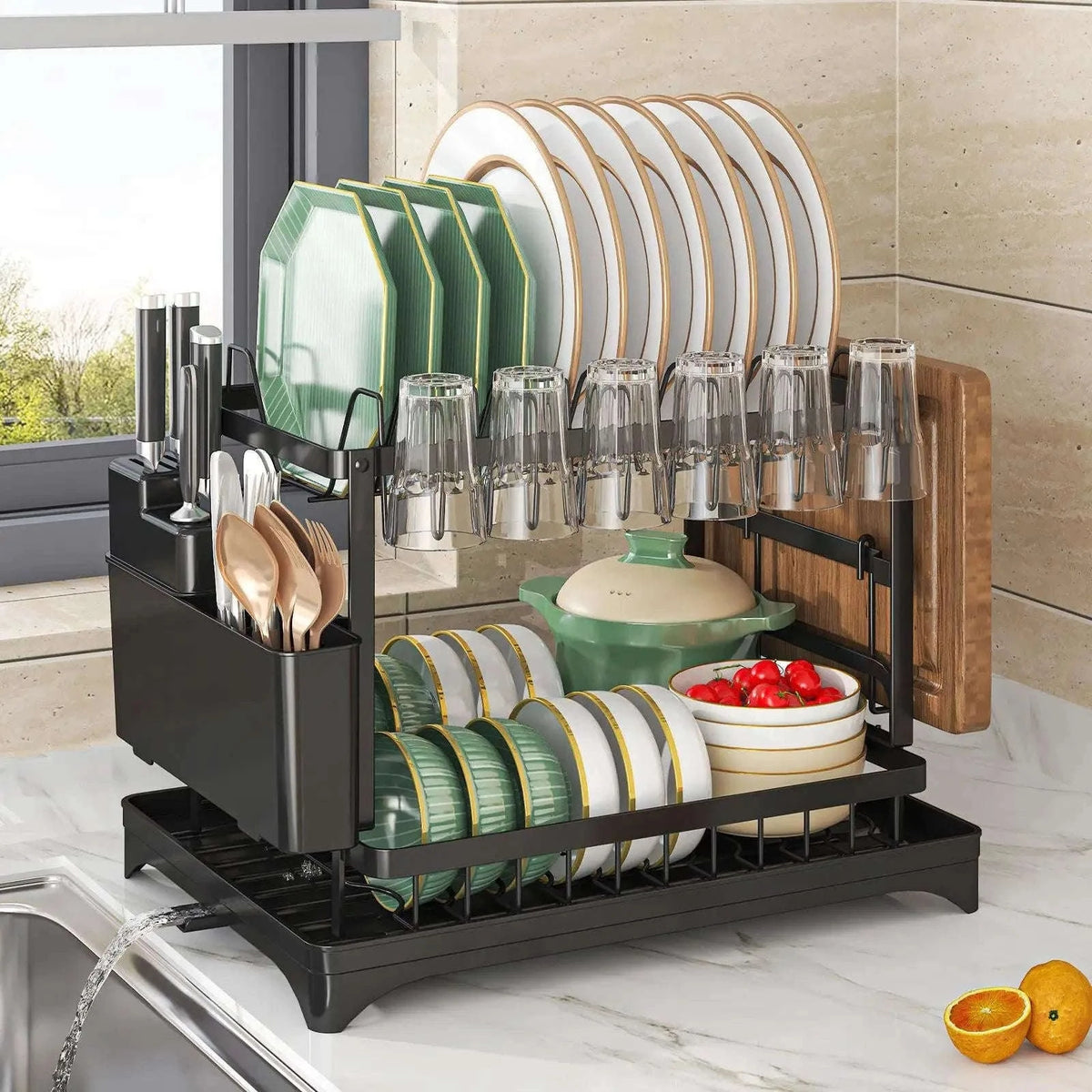 2-Tier Dish Drying Rack with Drainboard & Cutlery Holder-black / 42*30*29cm / france|2-tier