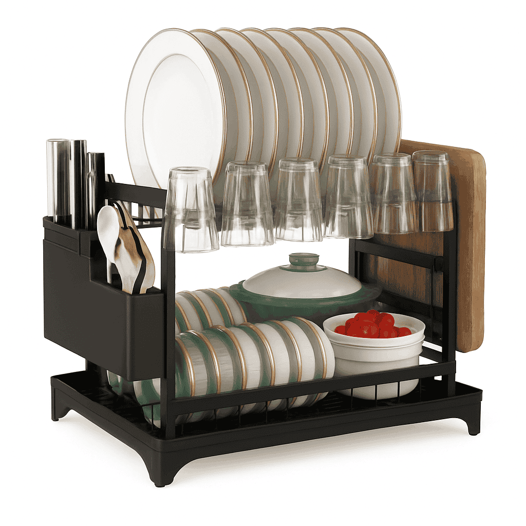 2-Tier Dish Drying Rack with Drainboard & Cutlery Holder-black / 42*30*29cm / france|2-tier