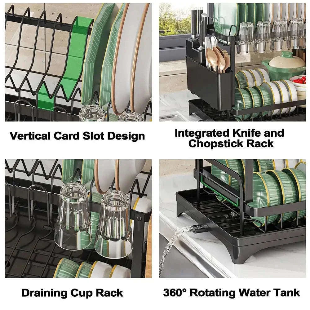 2-Tier Dish Drying Rack with Drainboard & Cutlery Holder-black / 42*30*29cm / france|2-tier