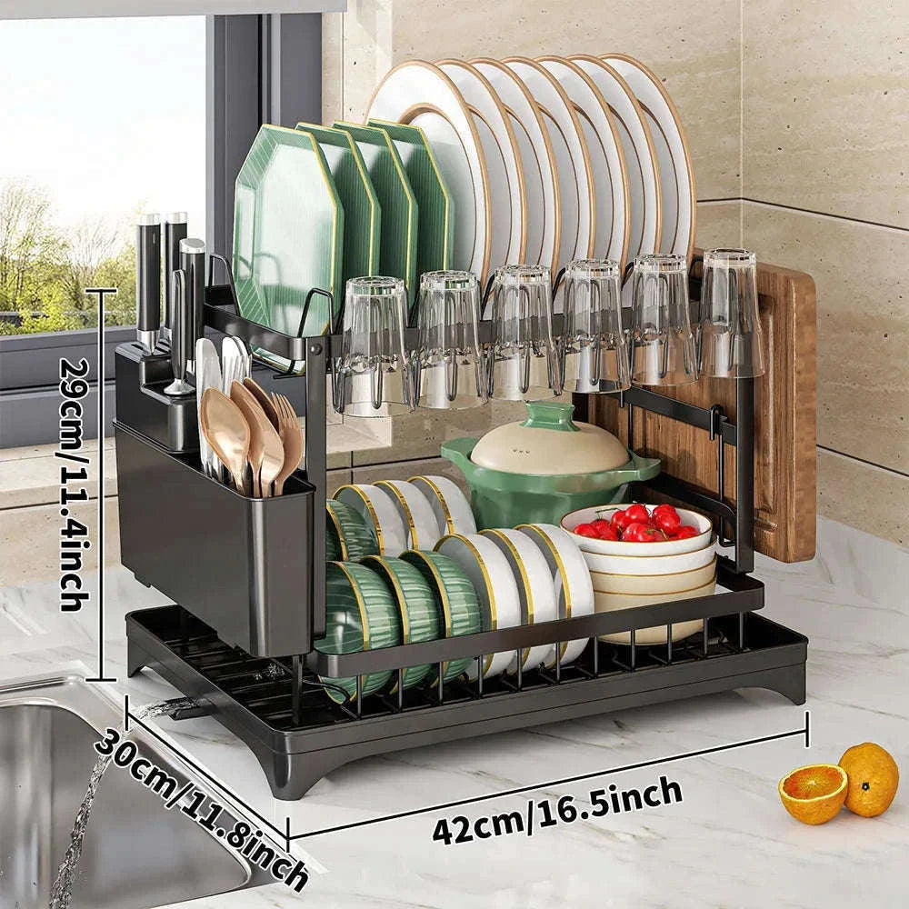 2-Tier Dish Drying Rack with Drainboard & Cutlery Holder-black / 42*30*29cm / france|2-tier