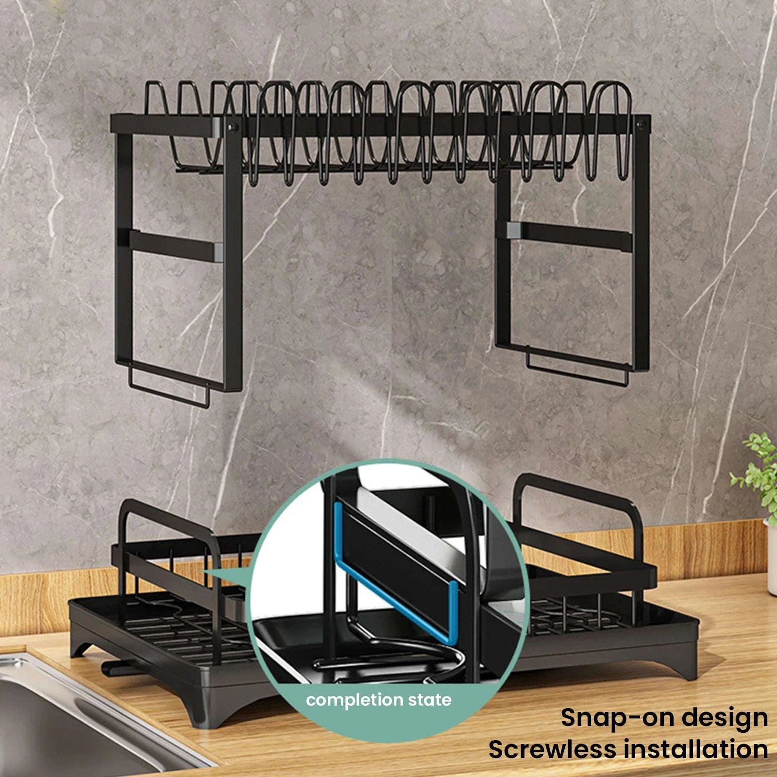 2-Tier Dish Drying Rack with Drainboard Space-Saving Organizer-black / france / 2-tier