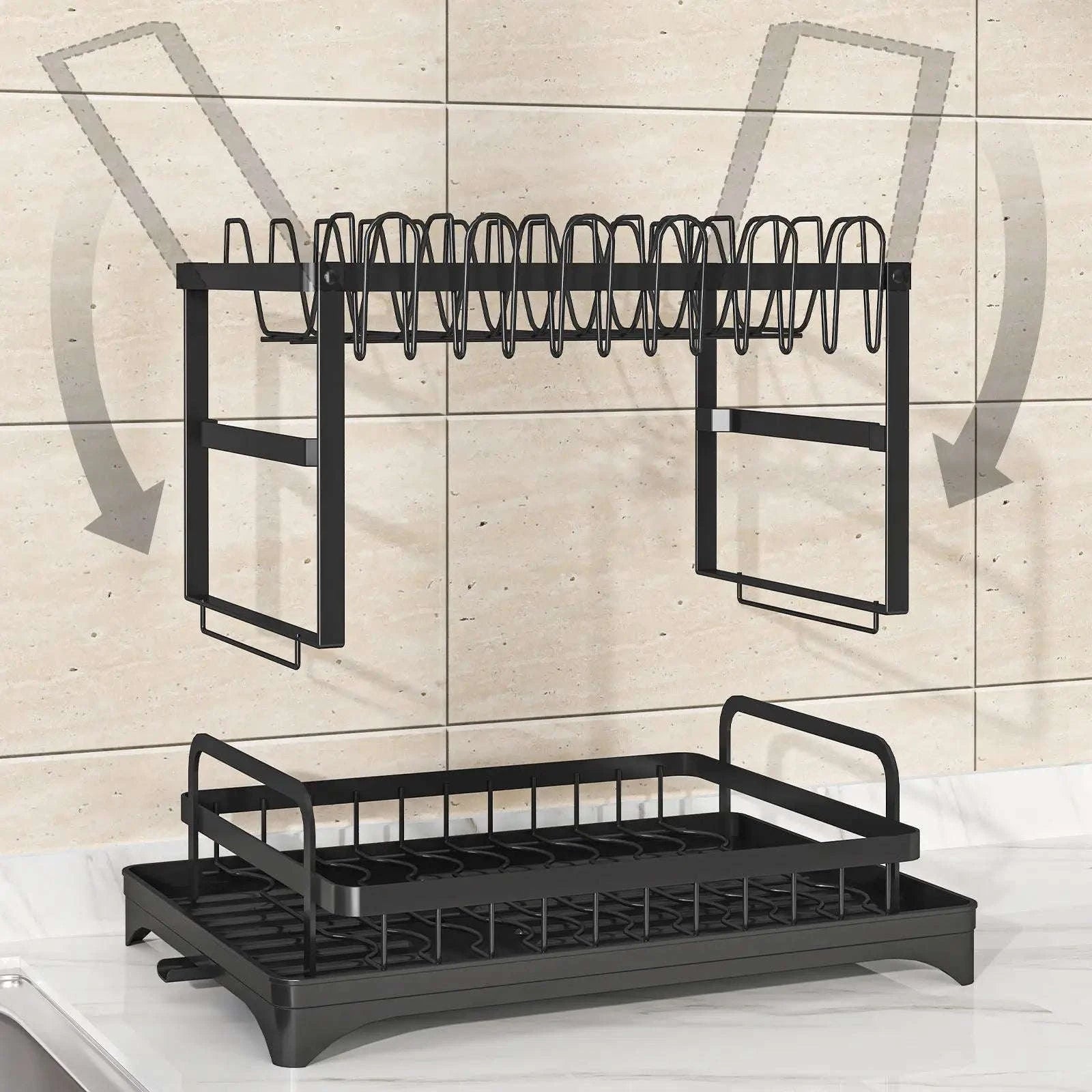 2-Tier Dish Drying Rack with Drainboard Space-Saving Organizer-black / france / 2-tier