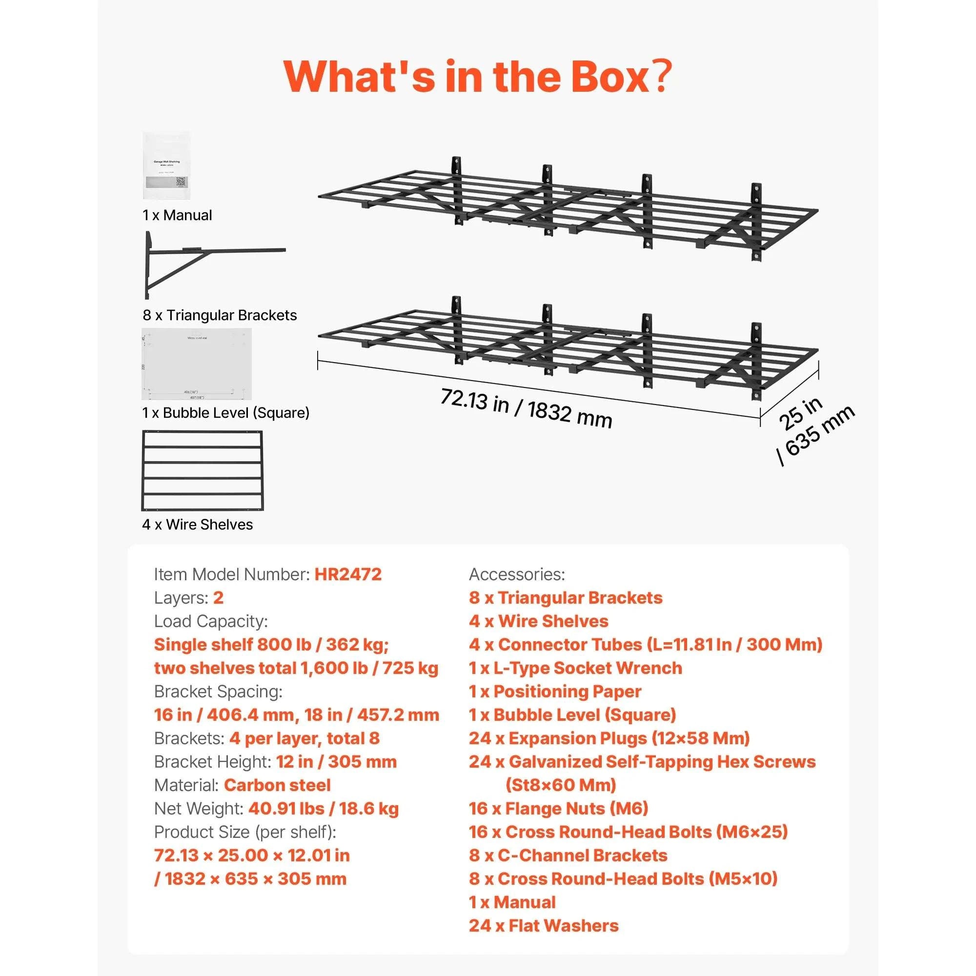 2-Tier Garage Wall Shelving 24x72in Steel Rack 800 lbs Capacity-24x72inch / United States