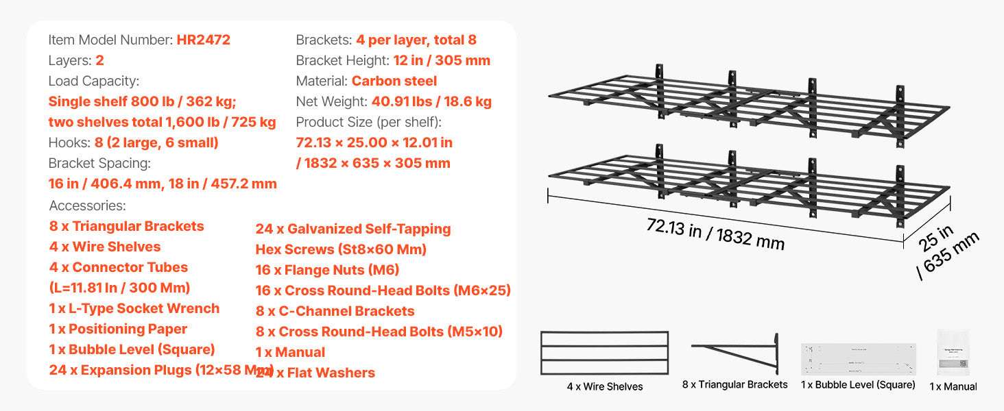 2-Tier Garage Wall Shelving 24x72in Steel Rack 800 lbs Capacity-24x72inch / United States