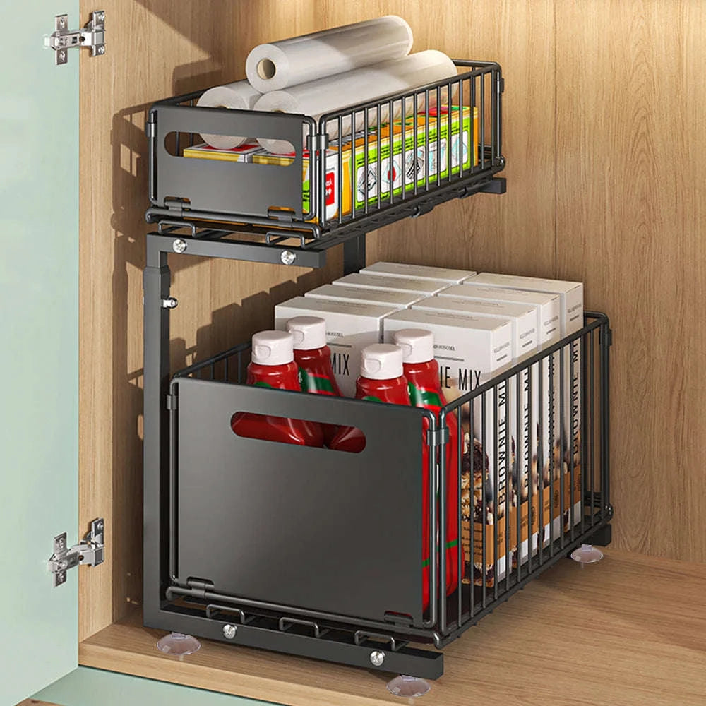 2-Tier Pull-Out Cabinet Organizer Adjustable Steel Storage Rack-From-ES / france